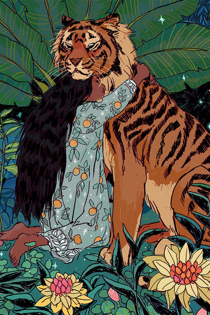 Tiger Animal Dangerous Girl Hugging Poster Wall Art Print Home Wall Decor