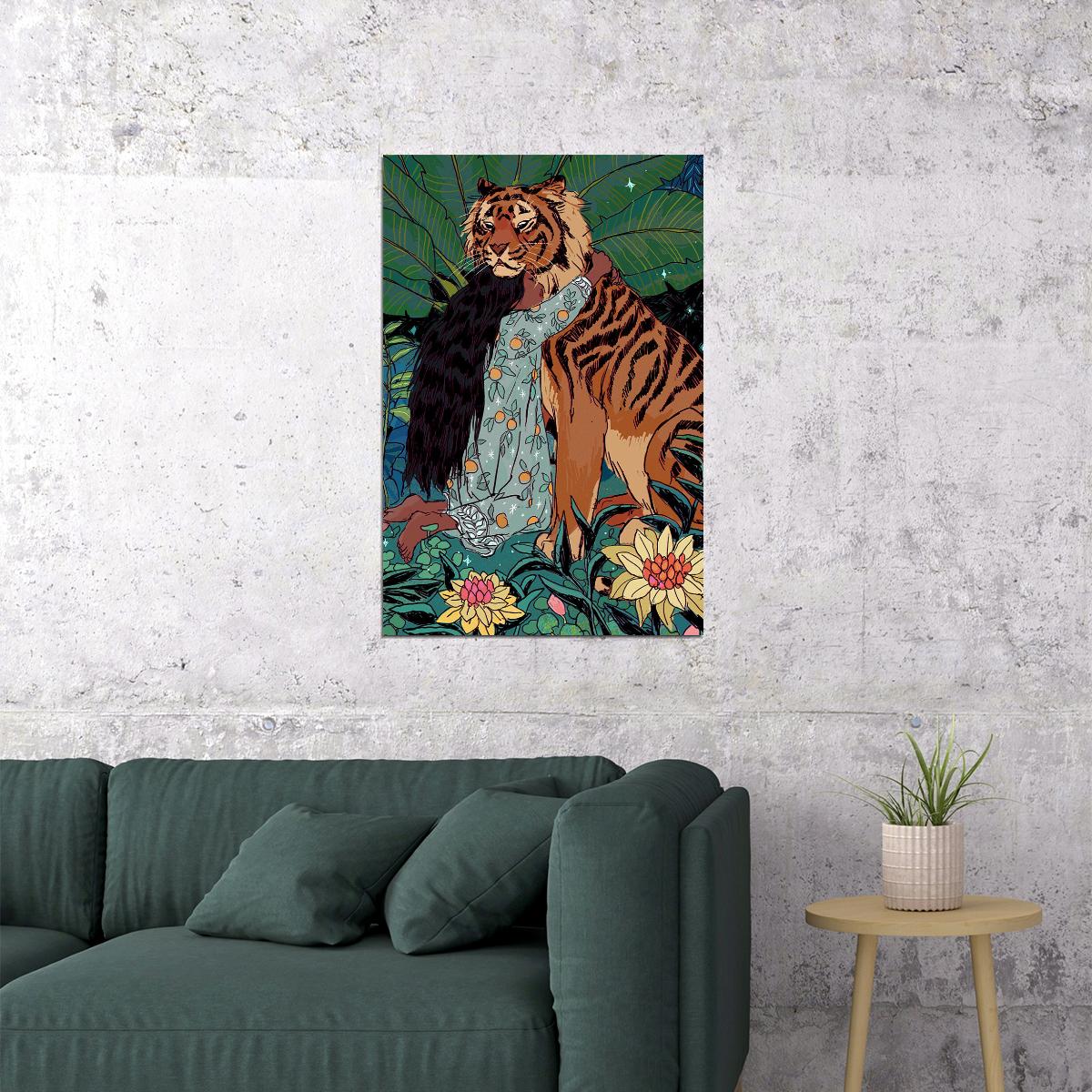 Tiger Animal Dangerous Girl Hugging Poster Wall Art Print Home Wall Decor