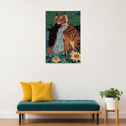 Tiger Animal Dangerous Girl Hugging Poster Wall Art Print Home Wall Decor