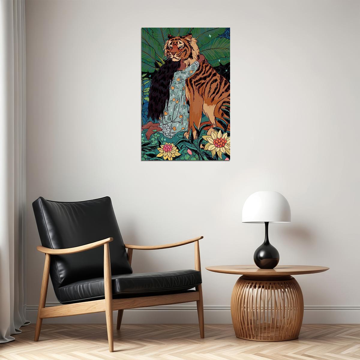 Tiger Animal Dangerous Girl Hugging Poster Wall Art Print Home Wall Decor