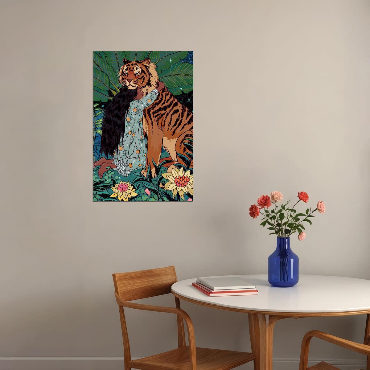 Tiger Animal Dangerous Girl Hugging Poster Wall Art Print Home Wall Decor