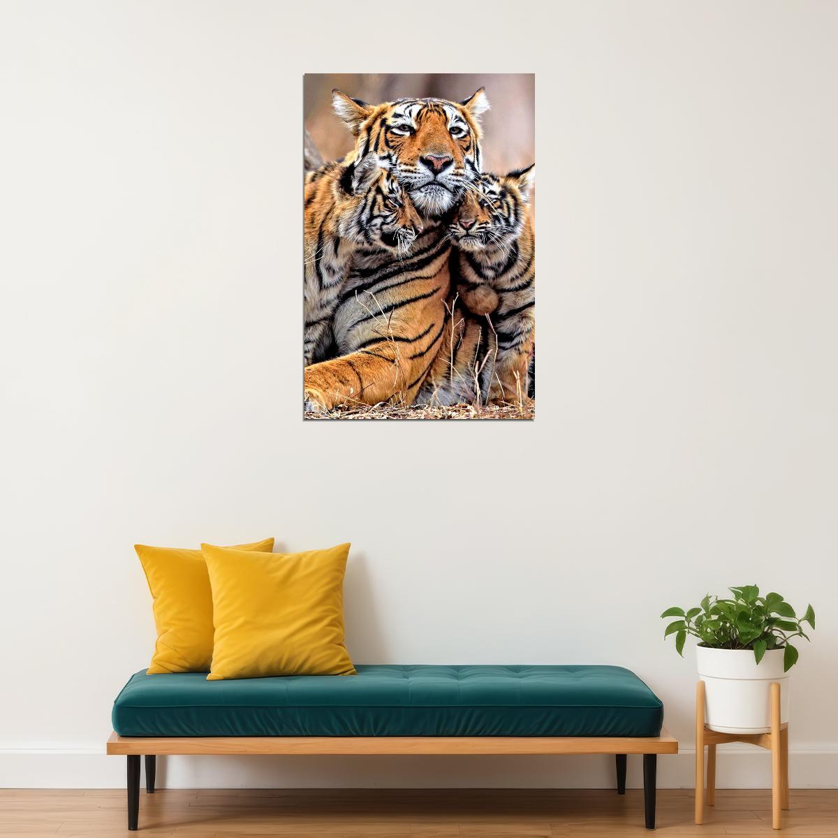 Bengal Orange Tiger With Two Cubs Family Poster Wall Art Print Home Wall Decor - xonomax