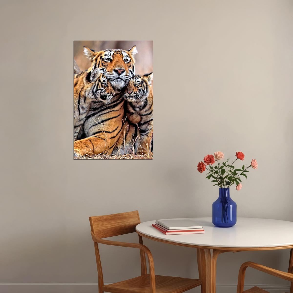 Bengal Orange Tiger With Two Cubs Family Poster Wall Art Print Home Wall Decor - xonomax