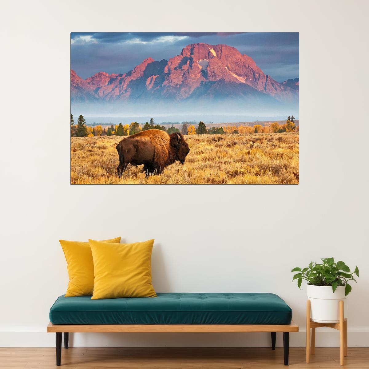 Bison National Park Wild Animals Landscape Poster Wall Art Print Home Wall Decor - xonomax