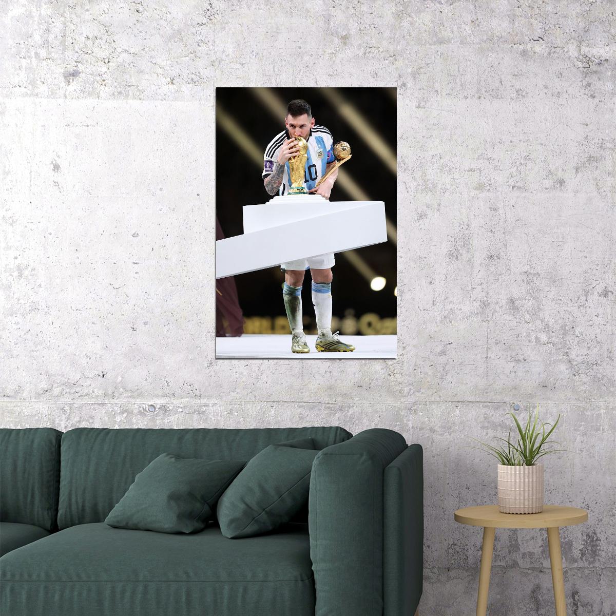 Messi Kissing The Soccer Trophy Football Argentina Champions Poster Wall Art Print Home Wall Decor