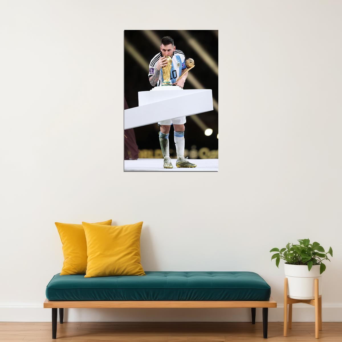 Messi Kissing The Soccer Trophy Football Argentina Champions Poster Wall Art Print Home Wall Decor