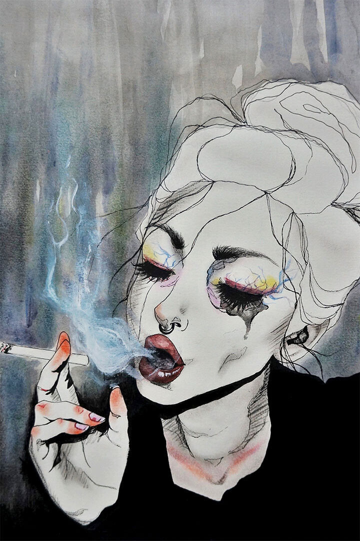 Smoking Attractive Girl Water Color Vintage Poster Wall Art Print Home Wall Decor - xonomax