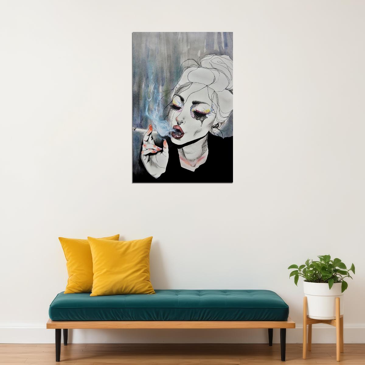 Smoking Attractive Girl Water Color Vintage Poster Wall Art Print Home Wall Decor - xonomax