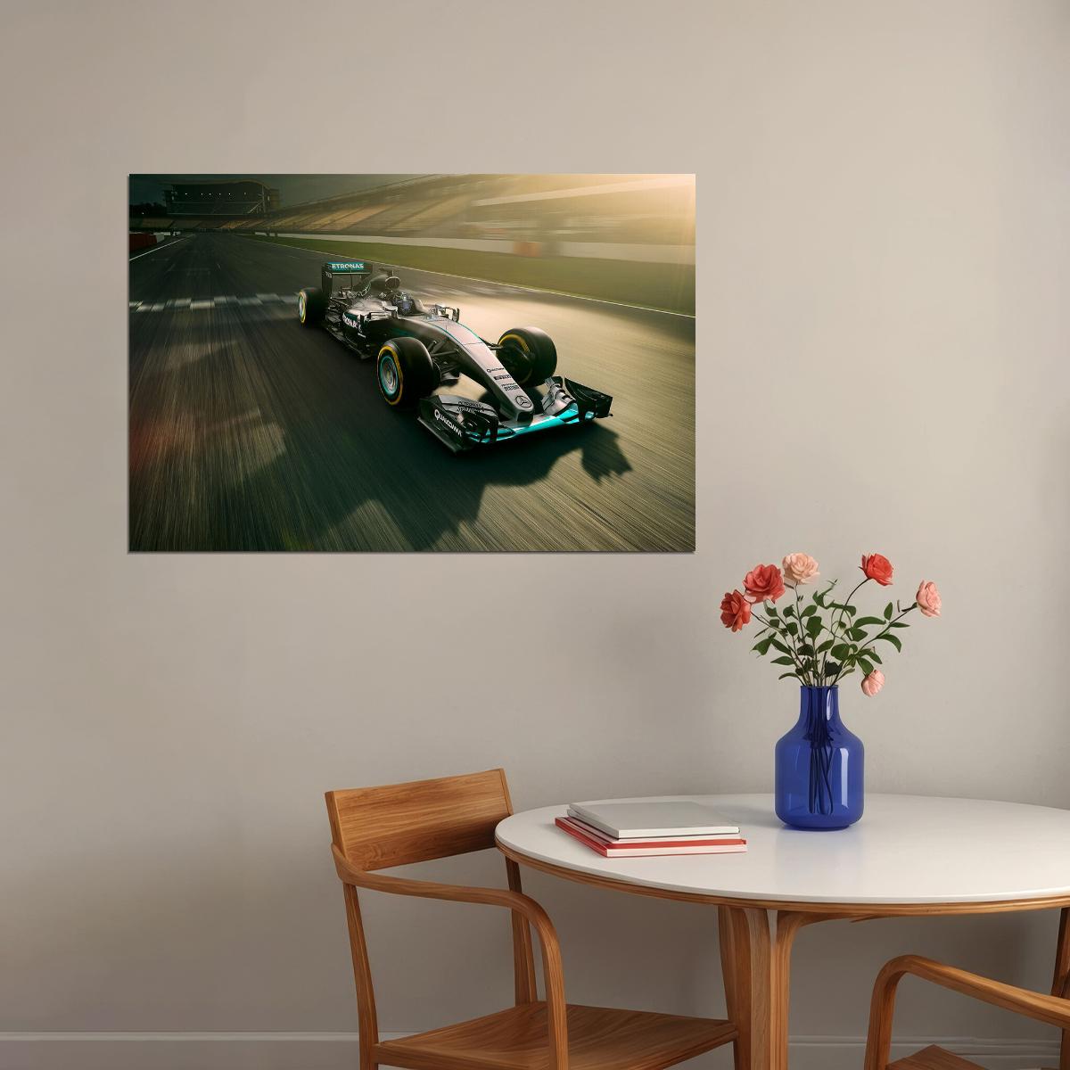 Mercedes F1 In Race Track Racing Car Formula Poster Wall Art Print Home Wall Decor