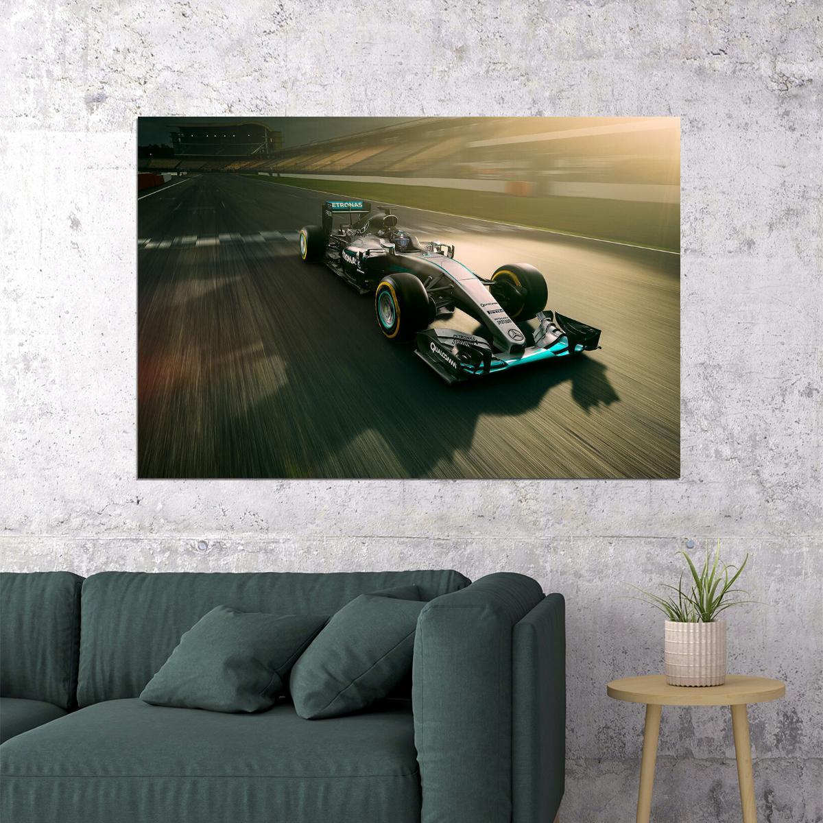 Mercedes F1 In Race Track Racing Car Formula Poster Wall Art Print Home Wall Decor