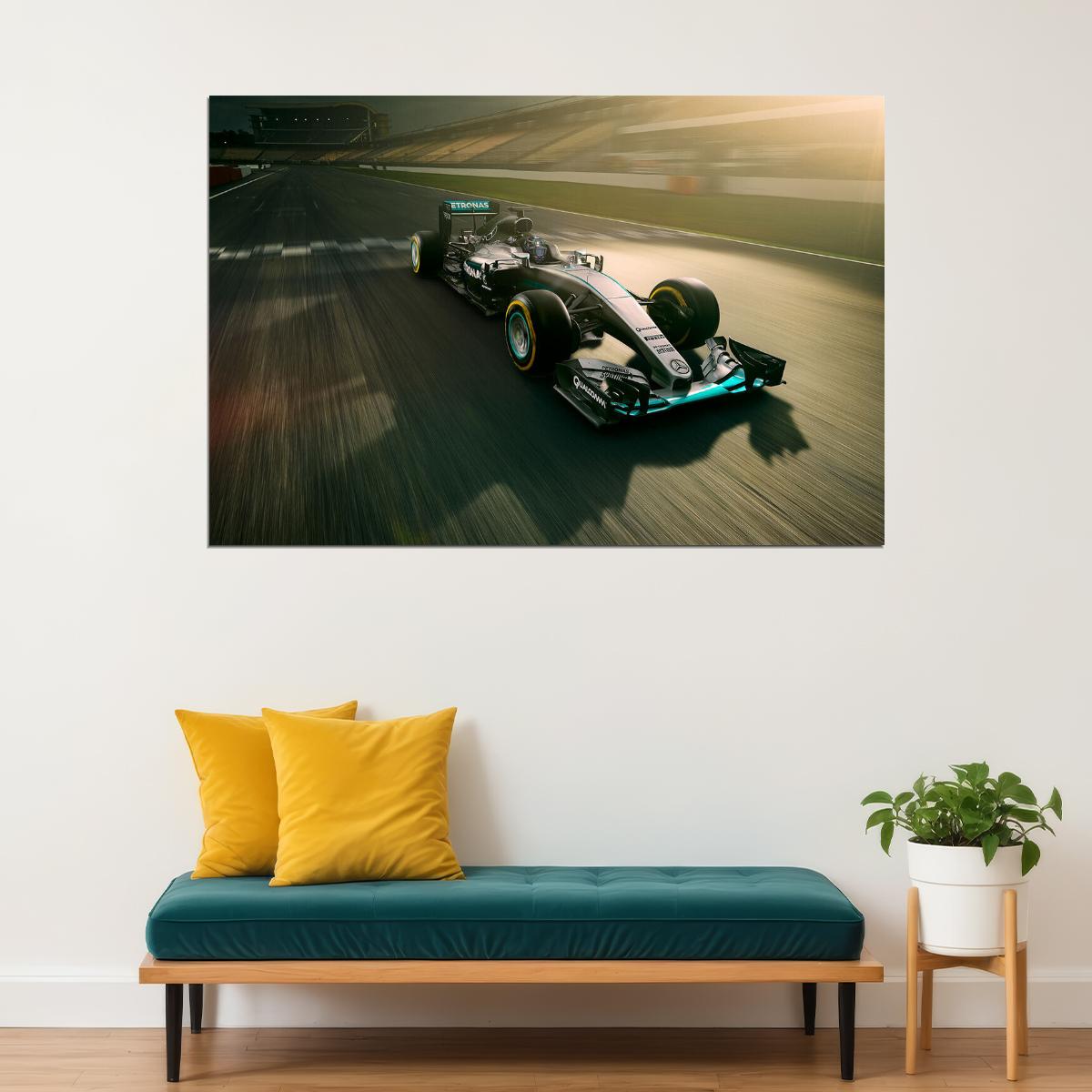 Mercedes F1 In Race Track Racing Car Formula Poster Wall Art Print Home Wall Decor