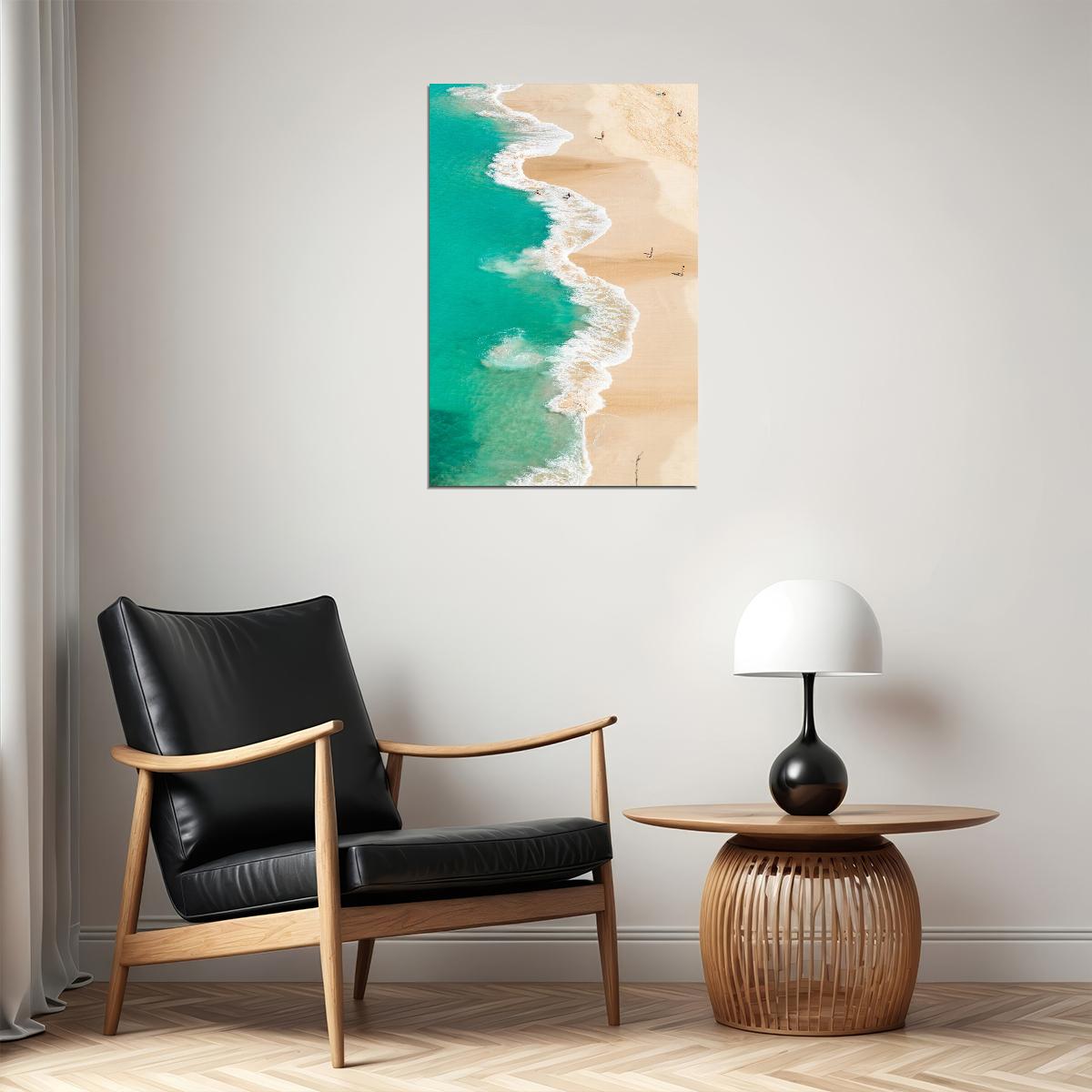 Sandy Coastline Washed By Turquoise Foamy Sea Poster Wall Art Print Home Wall Decor