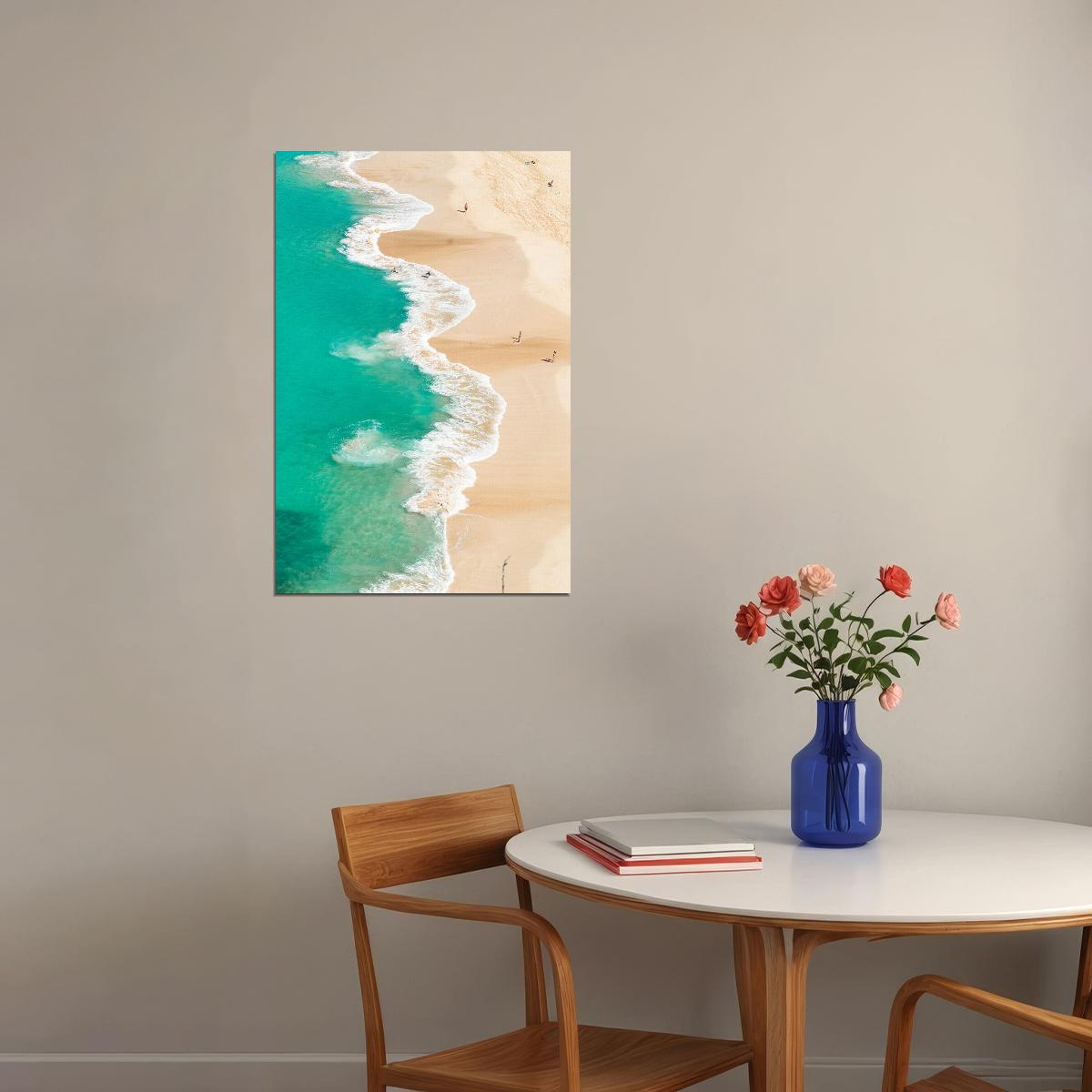 Sandy Coastline Washed By Turquoise Foamy Sea Poster Wall Art Print Home Wall Decor