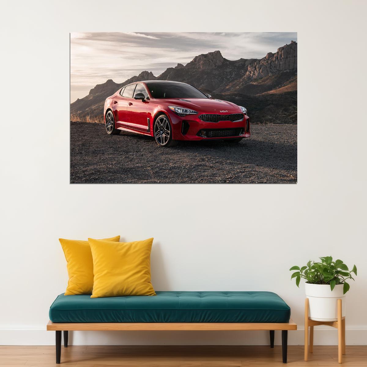 Kia Stinger Gt Red Car Stone Hills Background Poster Wall Art Print Home Wall Decor