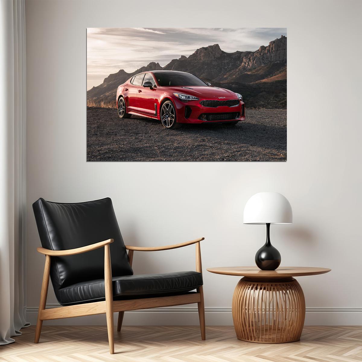 Kia Stinger Gt Red Car Stone Hills Background Poster Wall Art Print Home Wall Decor