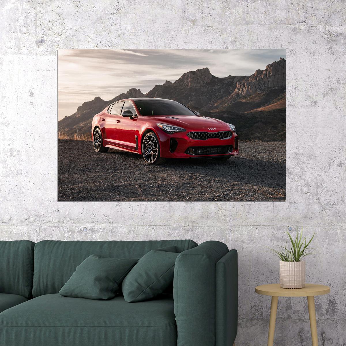 Kia Stinger Gt Red Car Stone Hills Background Poster Wall Art Print Home Wall Decor