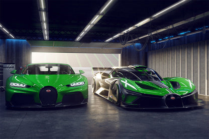 Two Green Bugatti Bolides In Garage Poster Wall Art Print Home Wall Decor