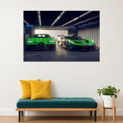 Two Green Bugatti Bolides In Garage Poster Wall Art Print Home Wall Decor