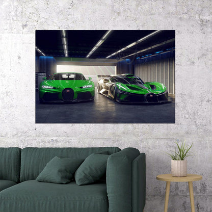 Two Green Bugatti Bolides In Garage Poster Wall Art Print Home Wall Decor