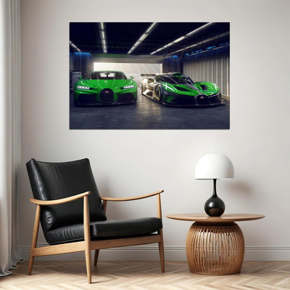 Two Green Bugatti Bolides In Garage Poster Wall Art Print Home Wall Decor