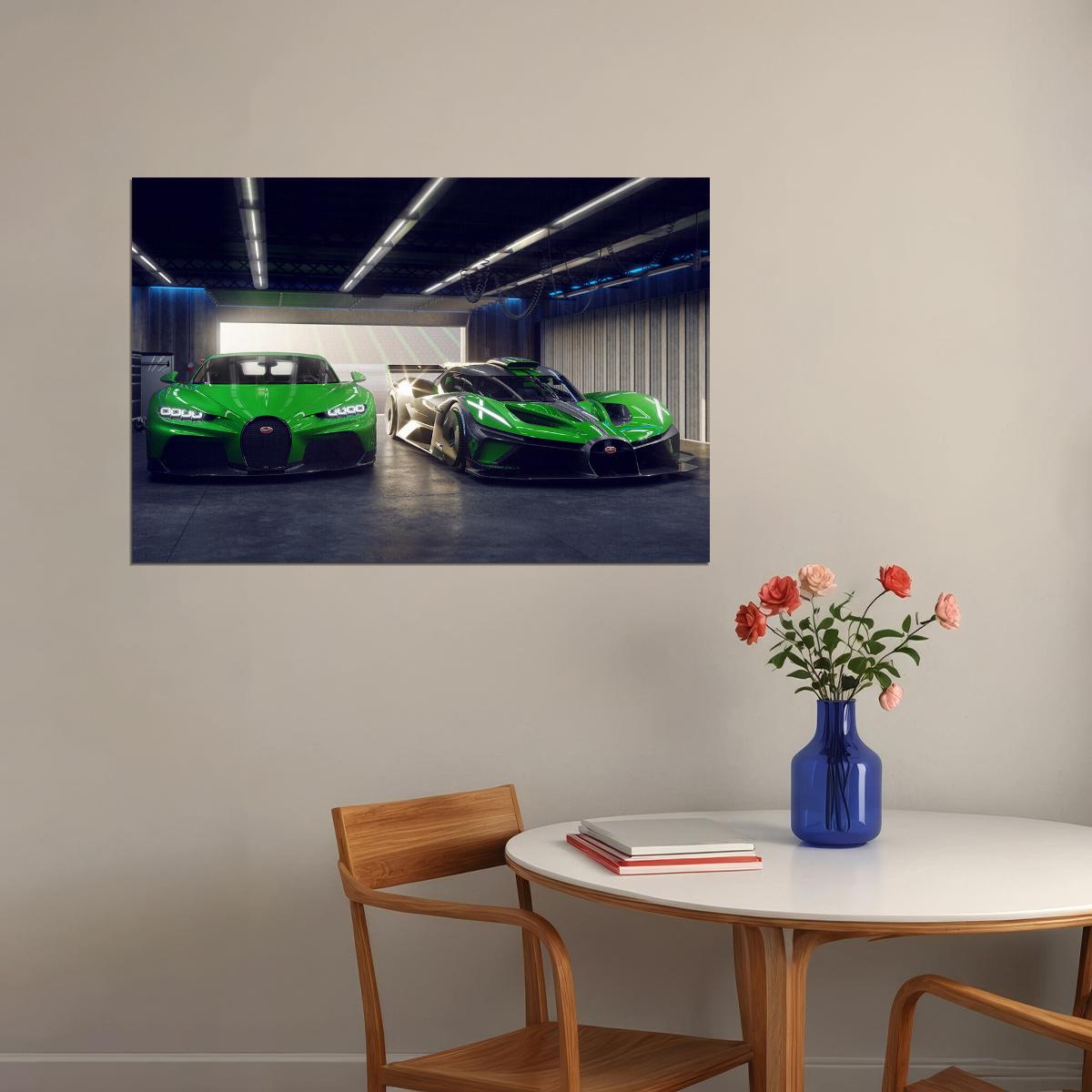 Two Green Bugatti Bolides In Garage Poster Wall Art Print Home Wall Decor