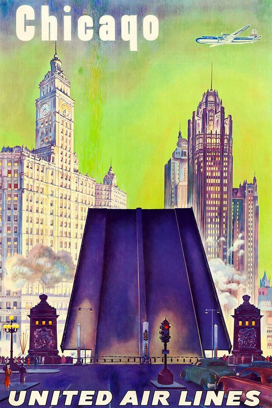 United Airlines Chicago Vintage Travel Poster Wall Art Print Home Wall Decor - xonomax