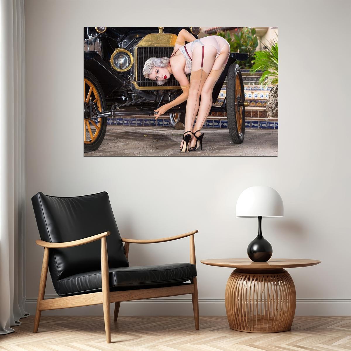 Blond Model Woman With Car Hot Girl Classic Poster Wall Art Print Home Wall Decor - xonomax
