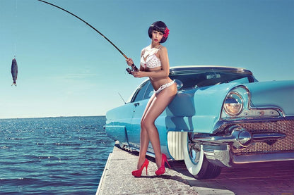 Hot Girl Fishing Retro Classic Car Auto Beauty Woman Poster Wall Art Print Home Wall Decor - xonomax