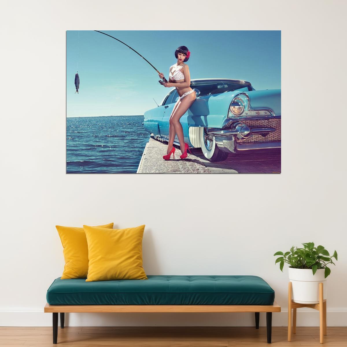 Hot Girl Fishing Retro Classic Car Auto Beauty Woman Poster Wall Art Print Home Wall Decor - xonomax