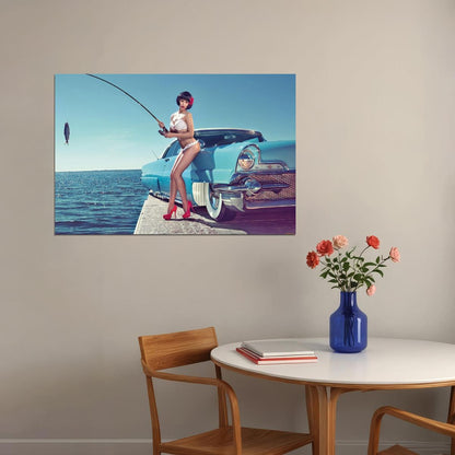Hot Girl Fishing Retro Classic Car Auto Beauty Woman Poster Wall Art Print Home Wall Decor - xonomax