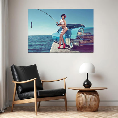 Hot Girl Fishing Retro Classic Car Auto Beauty Woman Poster Wall Art Print Home Wall Decor - xonomax
