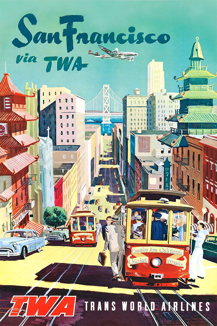 1950s San Francisco Twa Cable Car Vintage Style Travel Poster Wall Art Print Home Wall Decor - xonomax