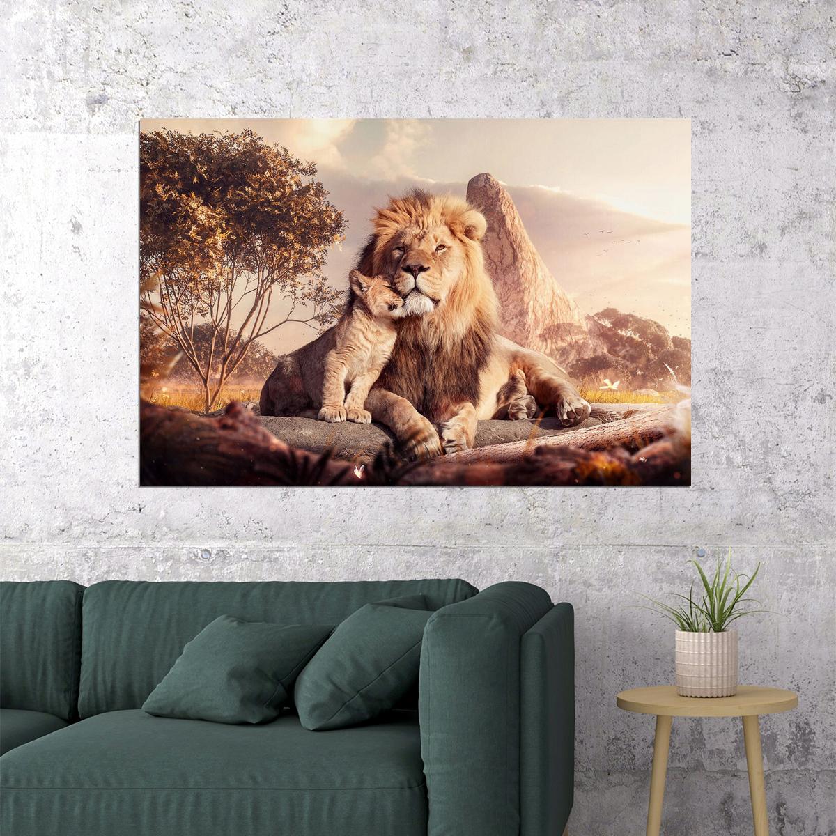 Lion Cub And Lion Reflection In Forest Water Animals Poster Wall Art Print Home Wall Decor - xonomax