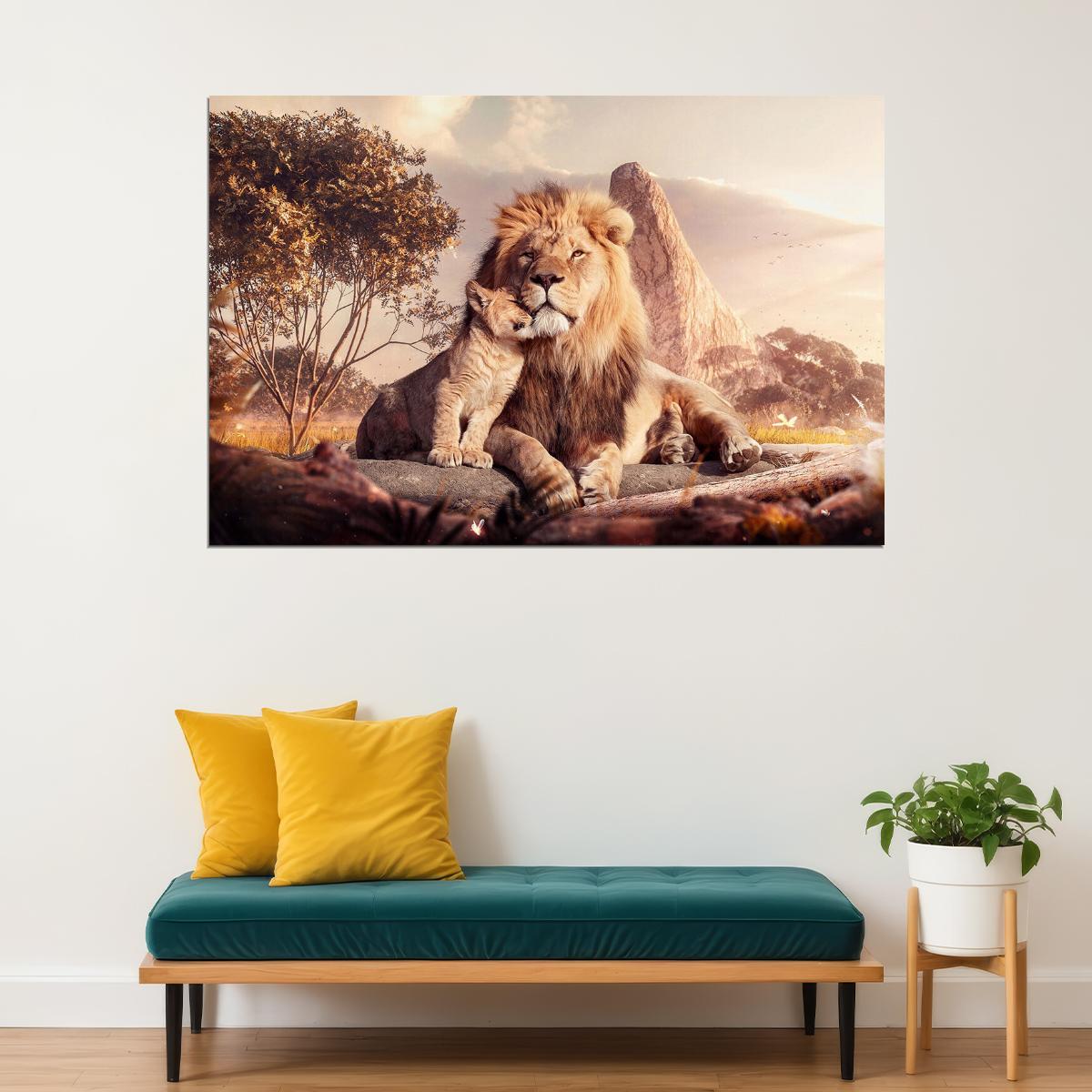 Lion Cub And Lion Reflection In Forest Water Animals Poster Wall Art Print Home Wall Decor - xonomax
