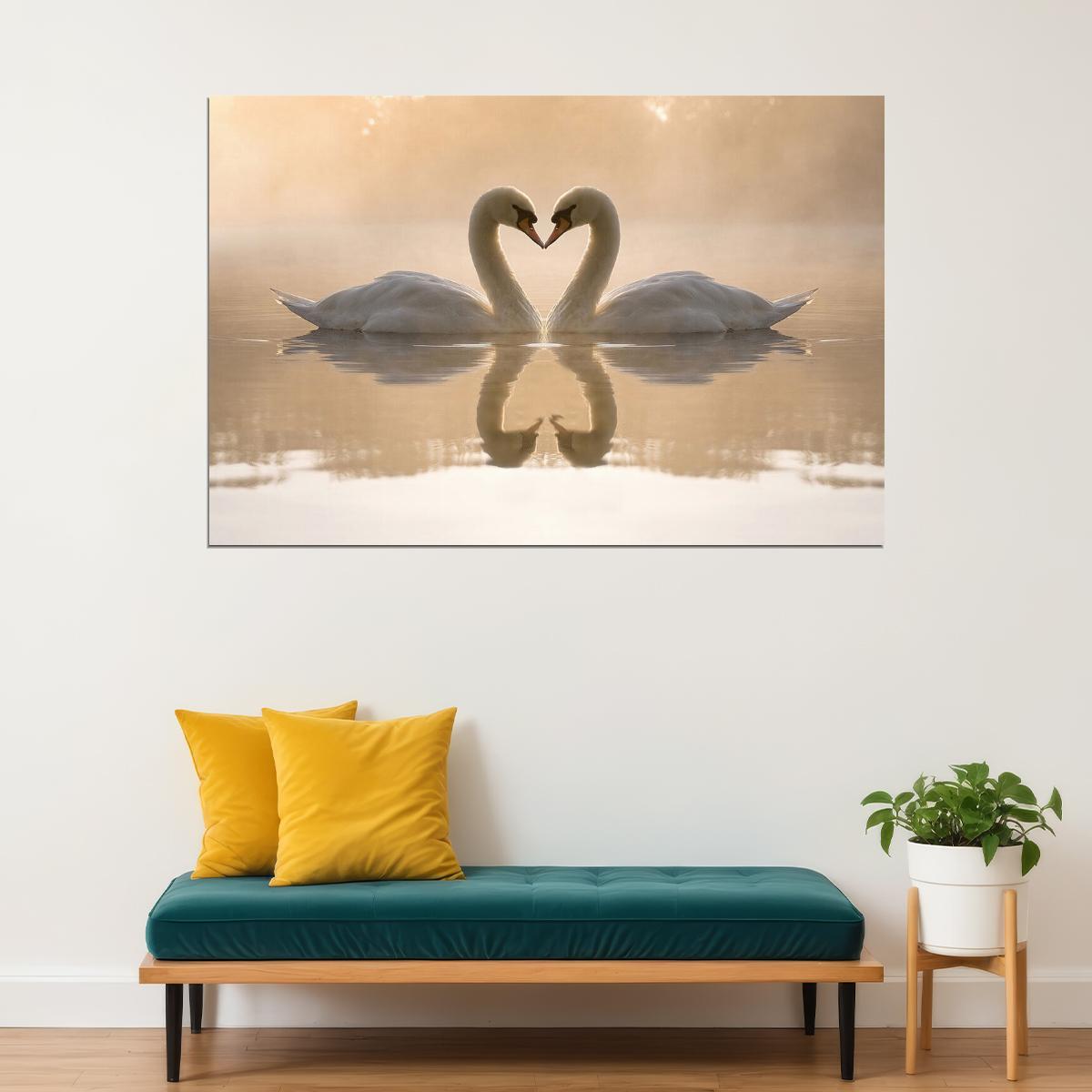 Swans Couple Heart Cute Bird Animals On Water Poster Wall Art Print Home Wall Decor - xonomax