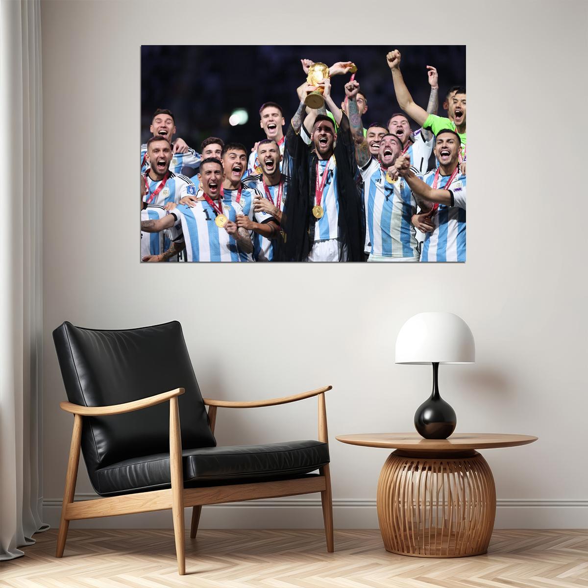 Argentina Team Soccer Champions 2022 Leo Messi Raising Trophy Poster Wall Art Print Home Wall Decor - xonomax