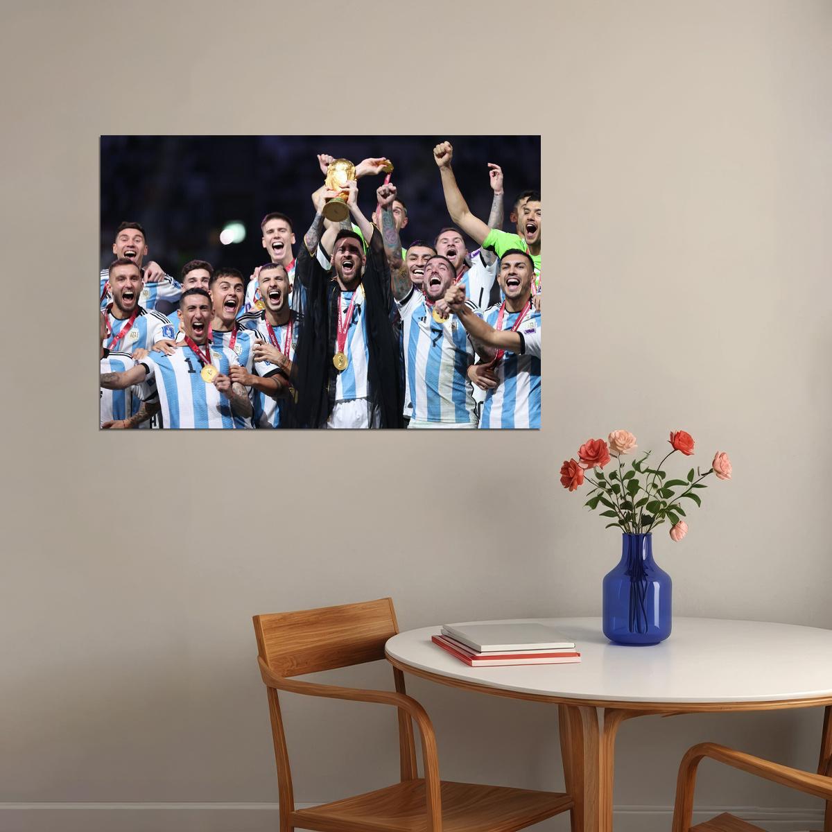 Argentina Team Soccer Champions 2022 Leo Messi Raising Trophy Poster Wall Art Print Home Wall Decor - xonomax