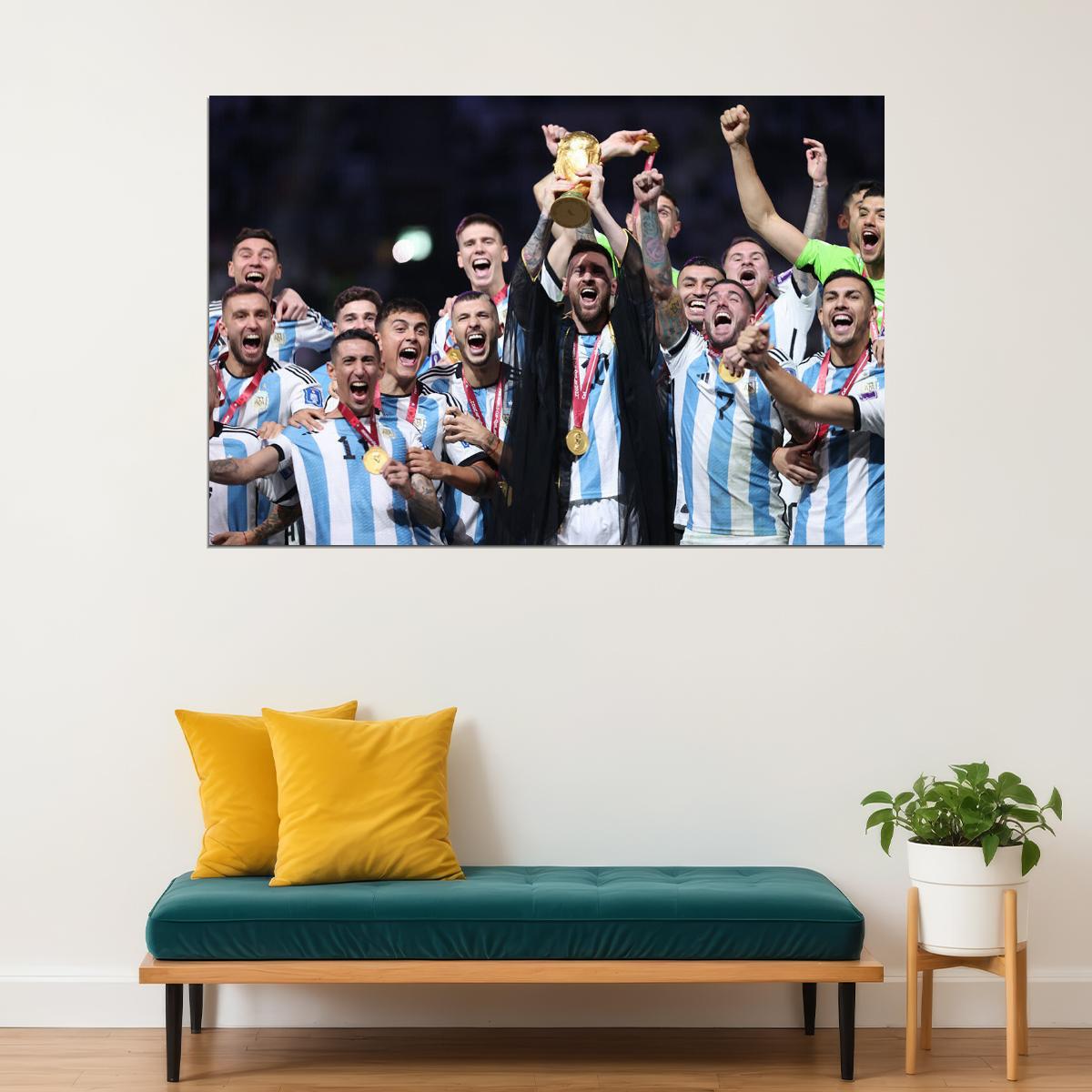 Argentina Team Soccer Champions 2022 Leo Messi Raising Trophy Poster Wall Art Print Home Wall Decor - xonomax