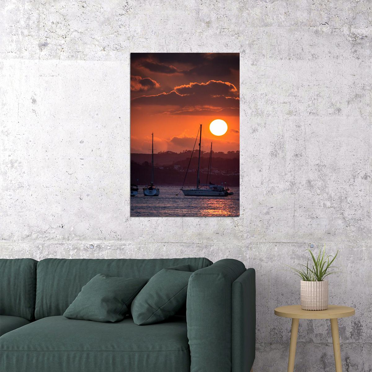 Yacht Sumdum Anchors At Sunset Landscape Poster Wall Art Print Home Wall Decor