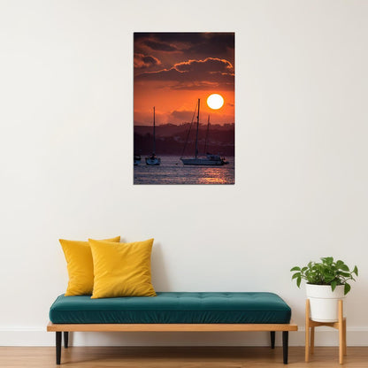 Yacht Sumdum Anchors At Sunset Landscape Poster Wall Art Print Home Wall Decor