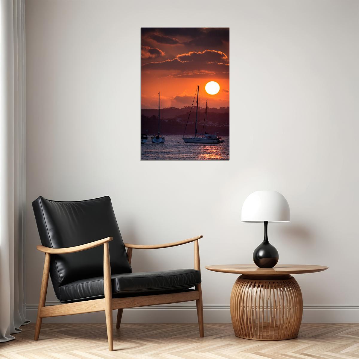 Yacht Sumdum Anchors At Sunset Landscape Poster Wall Art Print Home Wall Decor