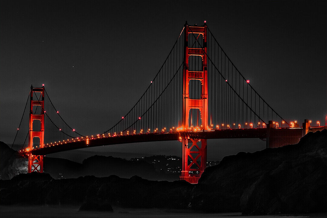 Lighted Golden Gate Bridge At Night Poster Wall Art Print Home Wall Decor - xonomax