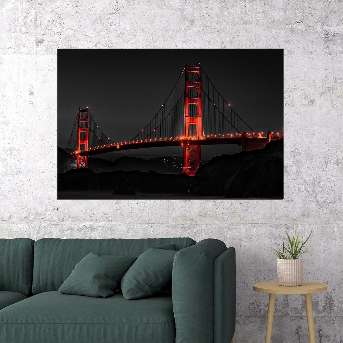 Lighted Golden Gate Bridge At Night Poster Wall Art Print Home Wall Decor - xonomax