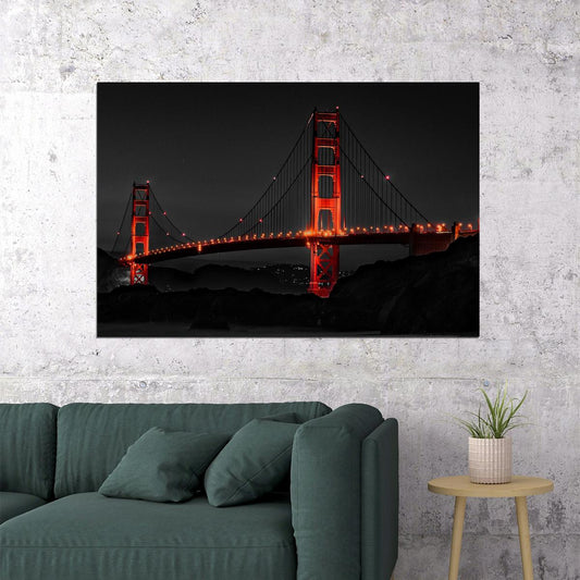 Lighted Golden Gate Bridge At Night Poster Wall Art Print Home Wall Decor - xonomax