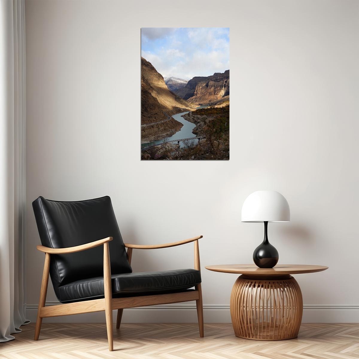 Brown Mountain Beside River Cloudy Sky Poster Wall Art Print Home Wall Decor - xonomax