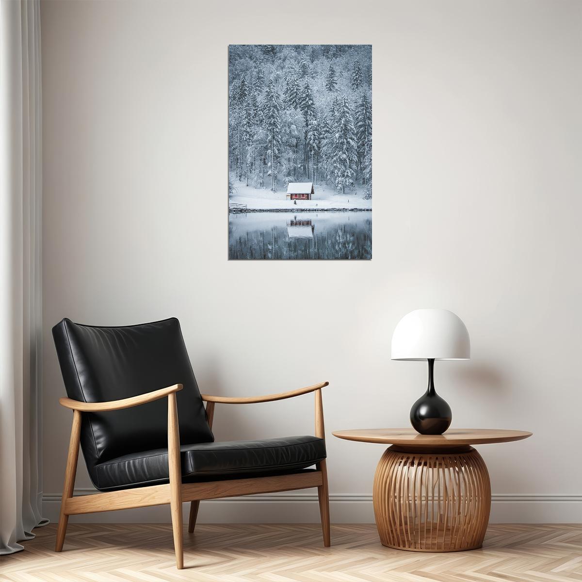 Winter Landscape Lake House In Forest Poster Wall Art Print Home Wall Decor - xonomax