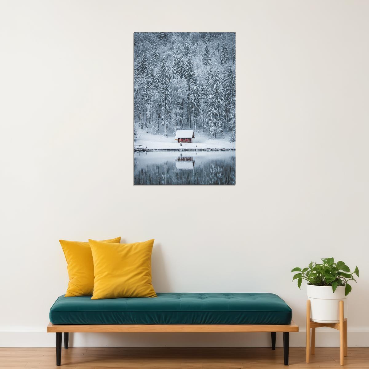 Winter Landscape Lake House In Forest Poster Wall Art Print Home Wall Decor - xonomax