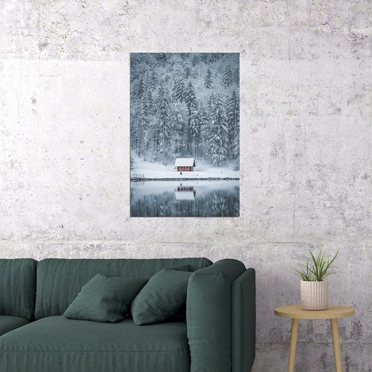 Winter Landscape Lake House In Forest Poster Wall Art Print Home Wall Decor - xonomax