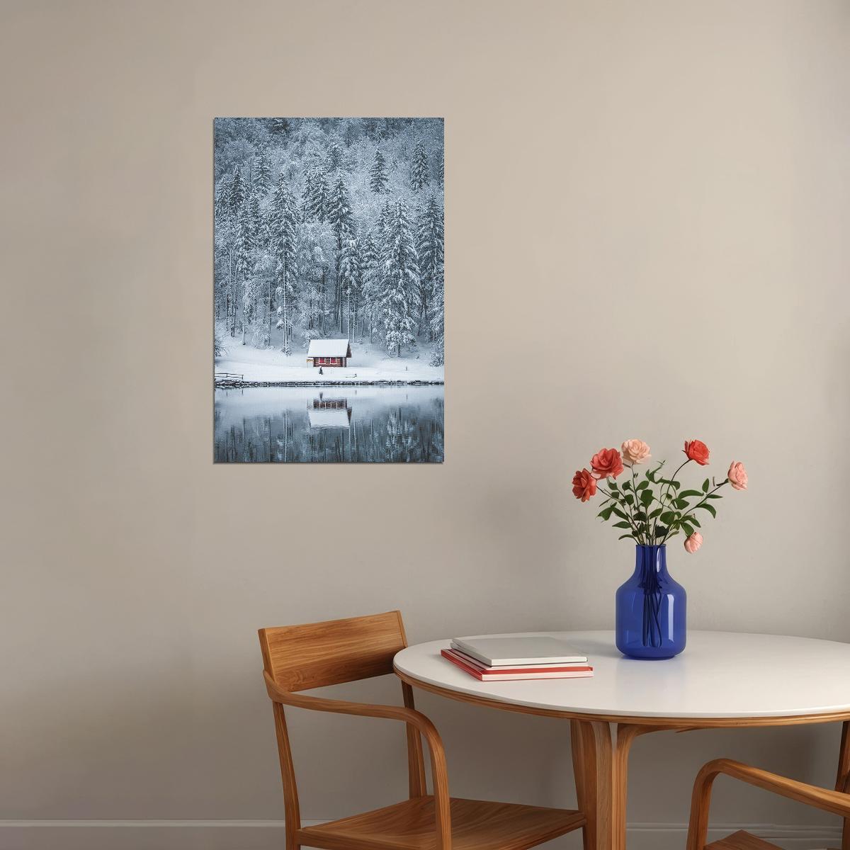 Winter Landscape Lake House In Forest Poster Wall Art Print Home Wall Decor - xonomax