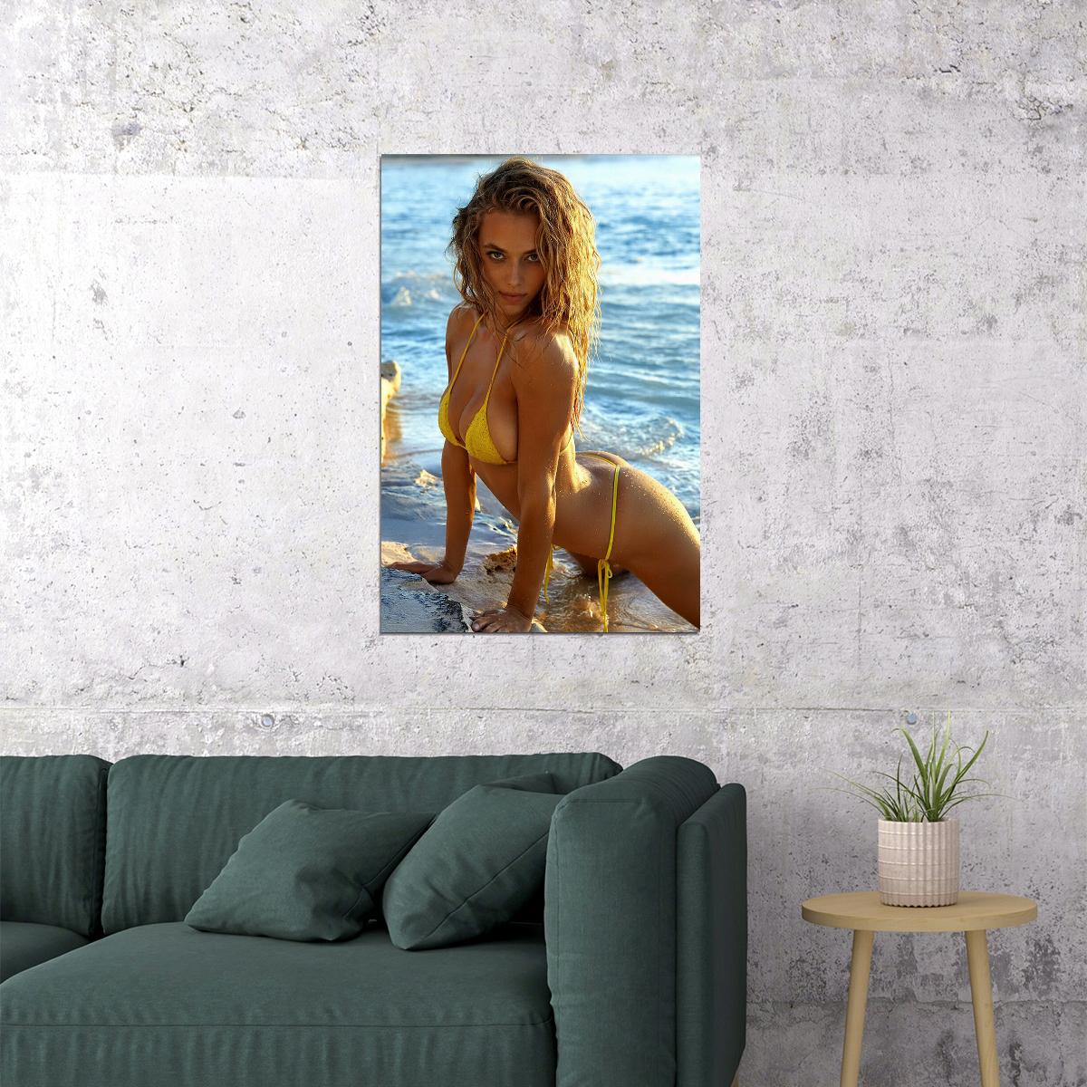 Hannah Ferguson Sexy Beach Pose Hot Yellow Swimsuit Poster Wall Art Print Home Wall Decor - xonomax